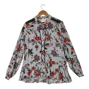 Maeve Janie Flounced Peasant Blouse Top 10 Multi Ruffle Button Front Keyhole Tie